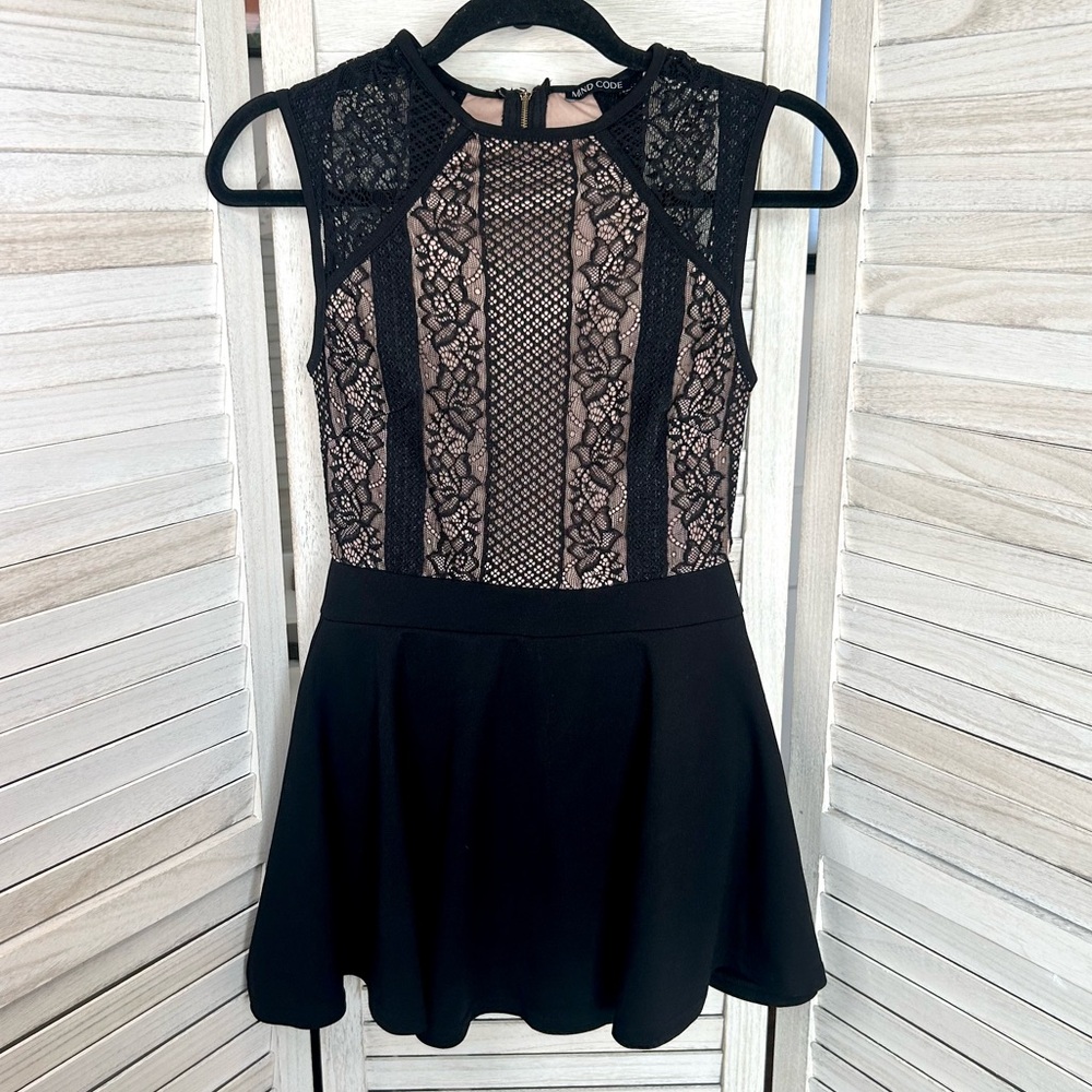 Mind Code Black and Nude Lace Fit-and-Flare Mini Dress
